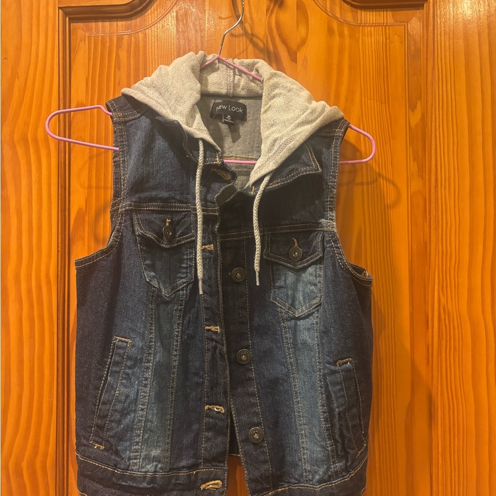 New Look Women Denim Vest with Gray Hood